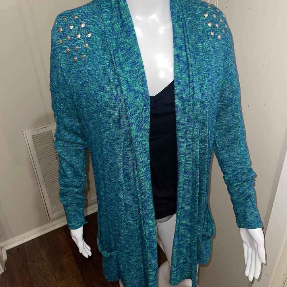 Vintage Teal Studded Open Front Marled Knit Cardigan ✨